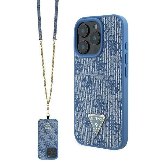 Custodia per Apple iPhone 16, Guess, Crossbody 4G Triangle Strass, Blu