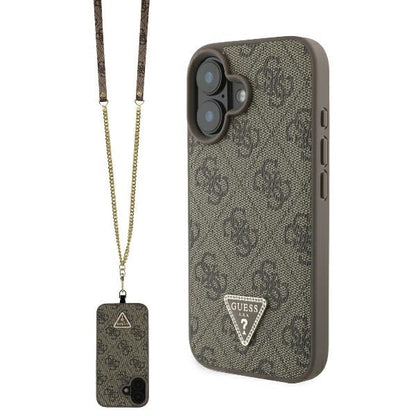 Custodia per Apple iPhone 16, Guess, Crossbody 4G Triangle Strass, Marrone