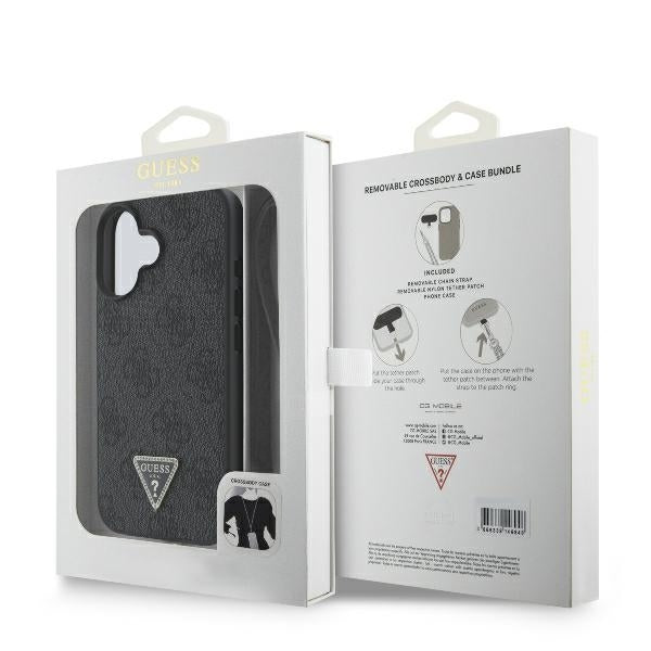 Custodia per Apple iPhone 16, Guess, Crossbody 4G Triangle Strass, Nera