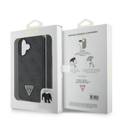 Custodia per Apple iPhone 16, Guess, Crossbody 4G Triangle Strass, Nera