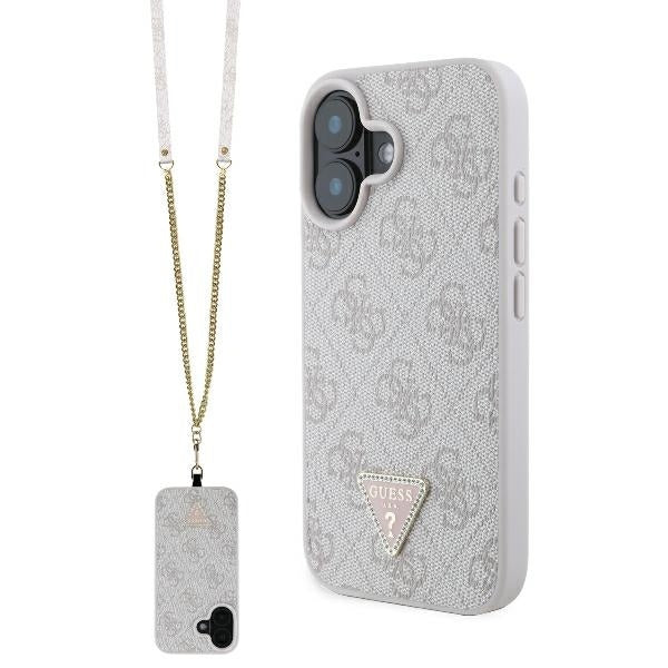 Custodia per Apple iPhone 16, Guess, Crossbody 4G Triangle Strass, Rosa