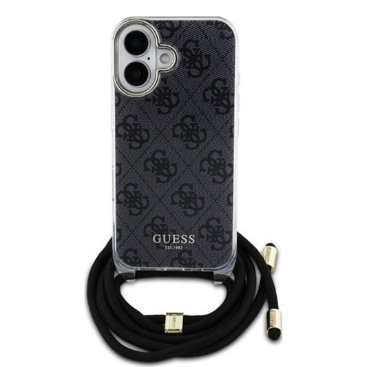 Custodia per Apple iPhone 16, Guess, Crossbody Cord 4G Print, Nera