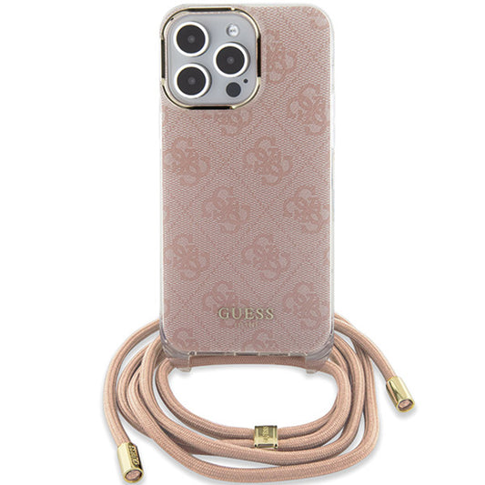 Custodia per Apple iPhone 16, Guess, Crossbody Cord 4G Print, Rosa
