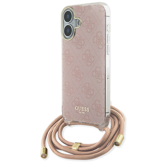 Custodia per Apple iPhone 16, Guess, Crossbody Cord 4G Print, Rosa