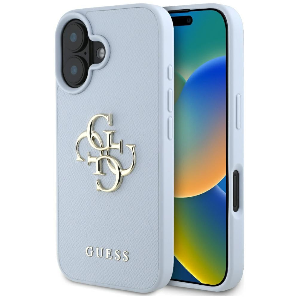 Custodia per Apple iPhone 16, Guess, Grained Big 4G Logo Small Classic Logo, Blu