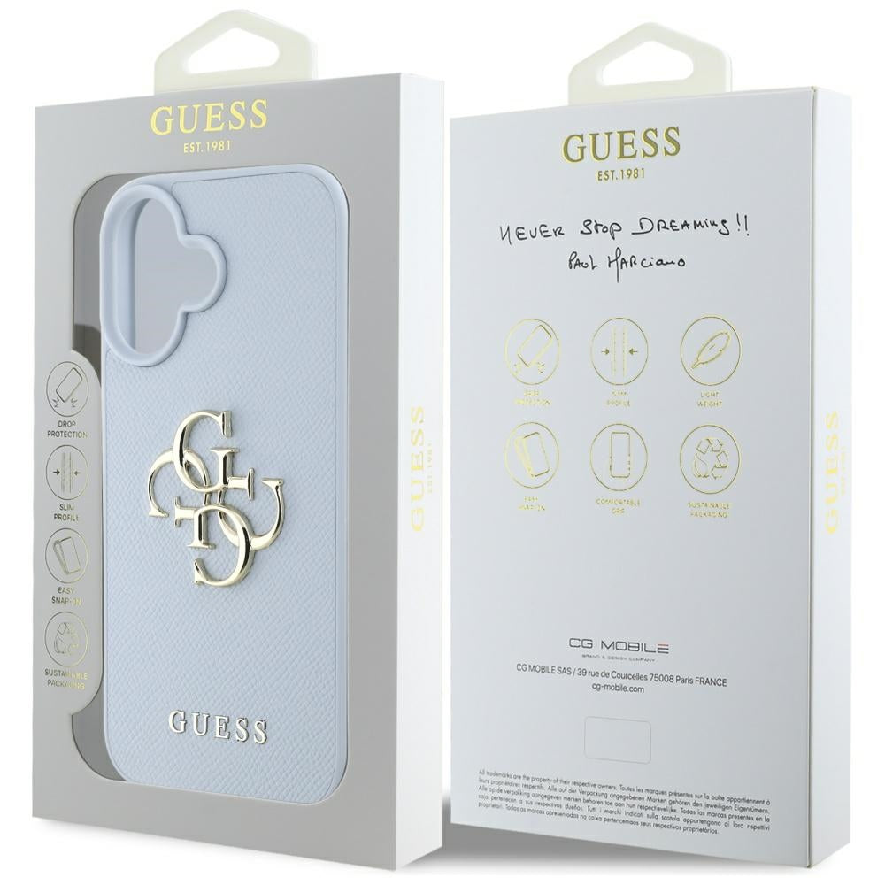 Custodia per Apple iPhone 16, Guess, Grained Big 4G Logo Small Classic Logo, Blu