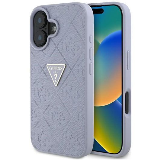 Custodia per Apple iPhone 16, Guess, Hot Stamp 4G Pattern Triangle Logo, Viola Chiaro.