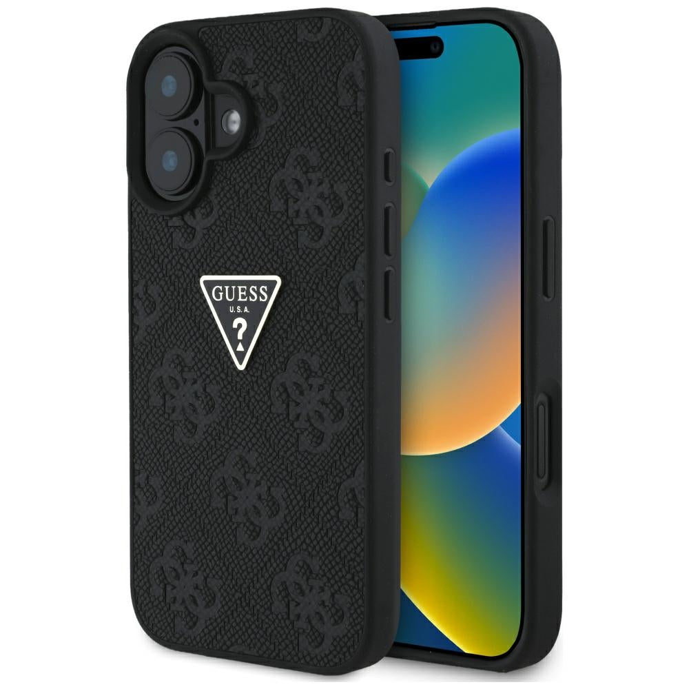 Custodia per Apple iPhone 16, Guess, Hot Stamp 4G Pattern Triangle Logo, Nera