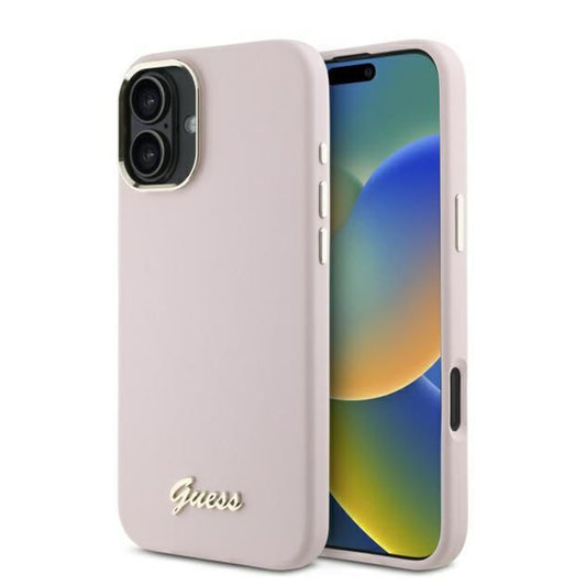 Custodia per Apple iPhone 16, Guess, Script Metal Logo & Frame, Rosa