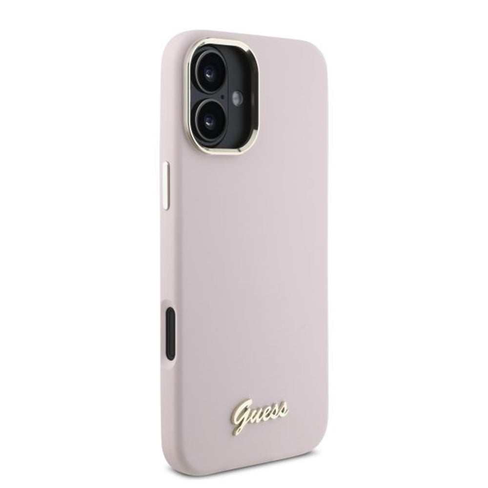 Case for Apple iPhone 16, Guess, Script Metal Logo & Frame, Pink