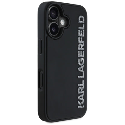 Custodia per Apple iPhone 16, Karl Lagerfeld, 3D Rubber Elongated Glitter Logo, Nera