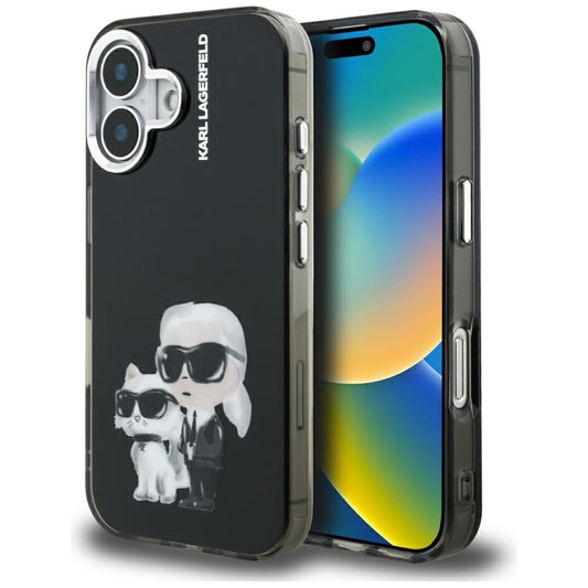 Custodia per Apple iPhone 16, Karl Lagerfeld, IML Aquarelle Logo Karl & Choupette, Nera