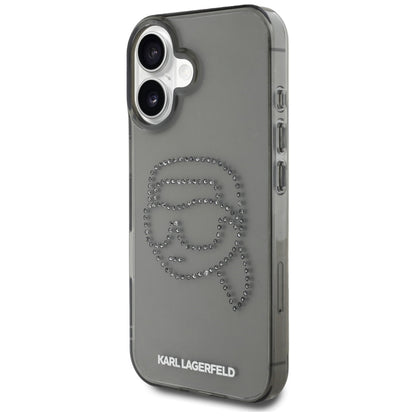 Custodia per Apple iPhone 16, Karl Lagerfeld, IML Rhinestones Karl's Head, Nera