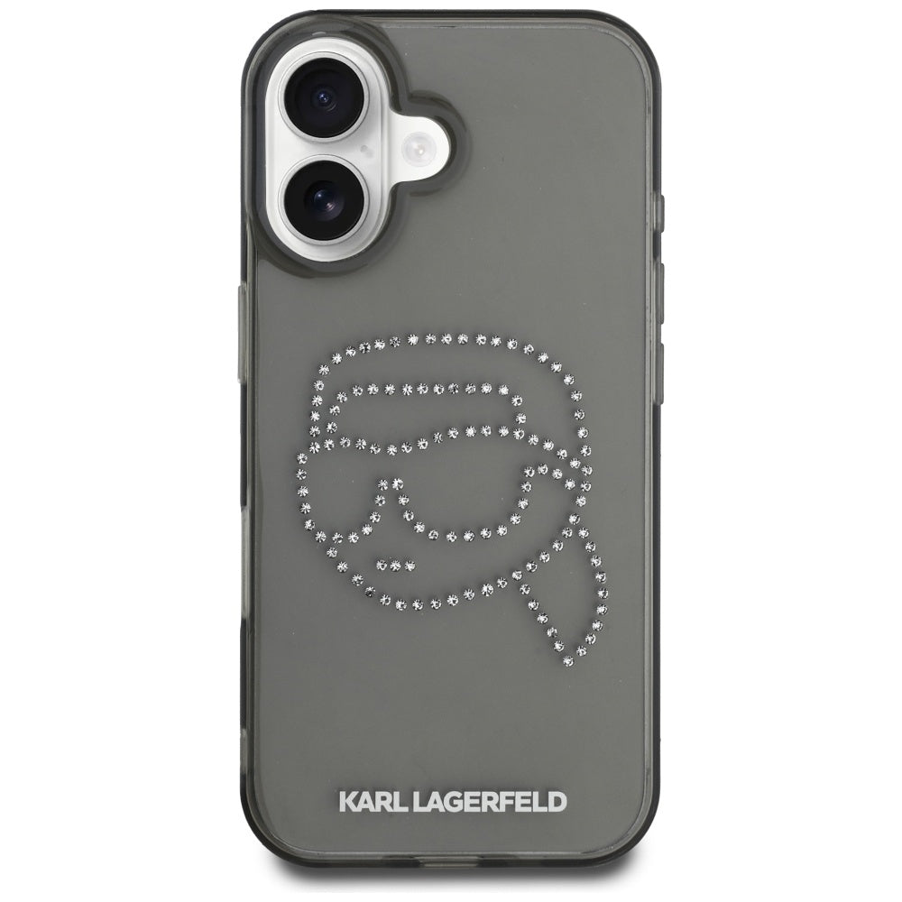 Custodia per Apple iPhone 16, Karl Lagerfeld, IML Rhinestones Karl's Head, Nera