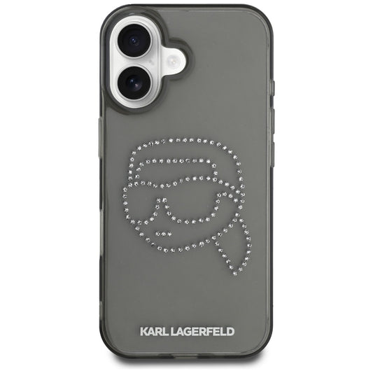 Custodia per Apple iPhone 16, Karl Lagerfeld, IML Rhinestones Karl's Head, Nera