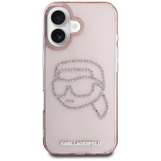 Custodia per Apple iPhone 16, Karl Lagerfeld, IML Rhinestones Karl's Head, Rosa