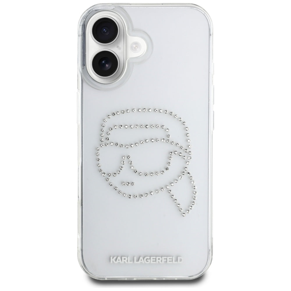 Custodia per Apple iPhone 16, Karl Lagerfeld, IML Rhinestones Karl's Head, Trasparente
