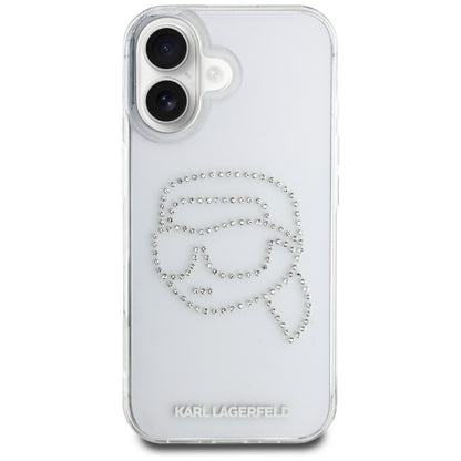 Custodia per Apple iPhone 16, Karl Lagerfeld, IML Rhinestones Karl's Head, Trasparente