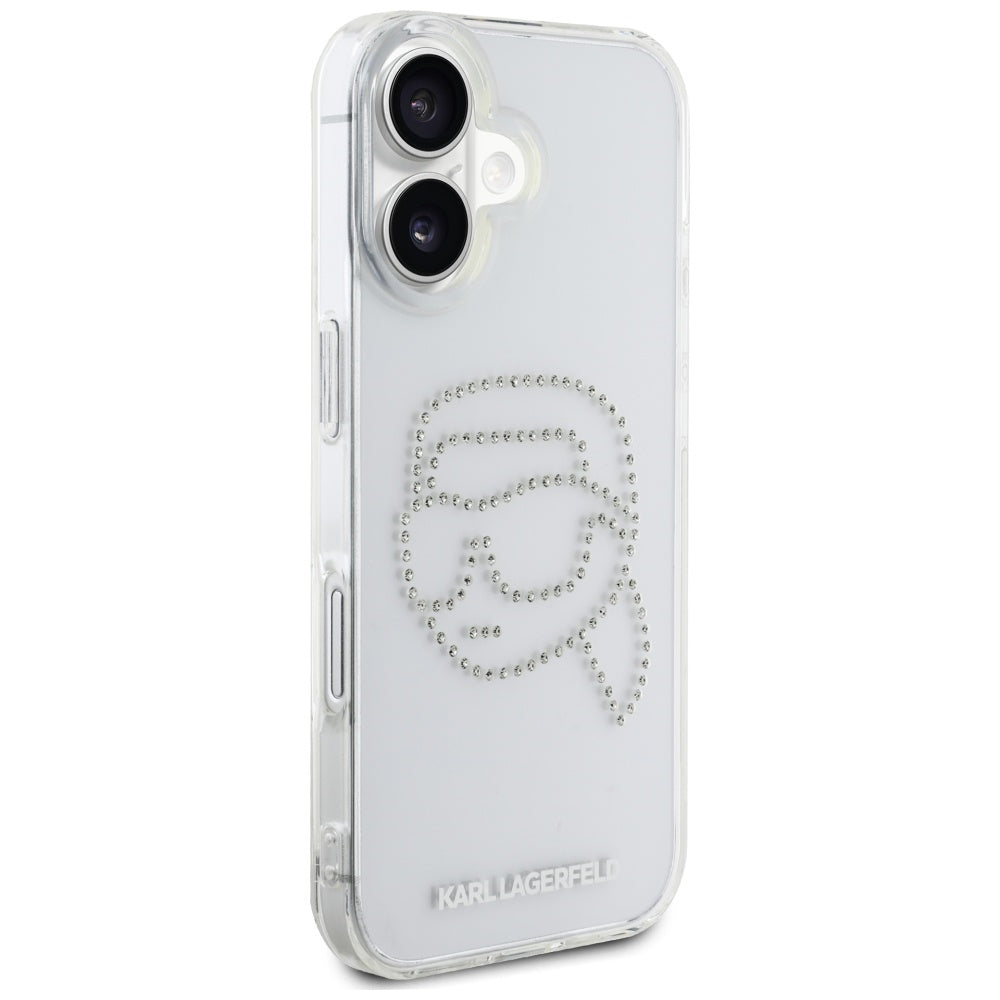 Custodia per Apple iPhone 16, Karl Lagerfeld, IML Rhinestones Karl's Head, Trasparente