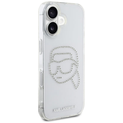 Custodia per Apple iPhone 16, Karl Lagerfeld, IML Rhinestones Karl's Head, Trasparente
