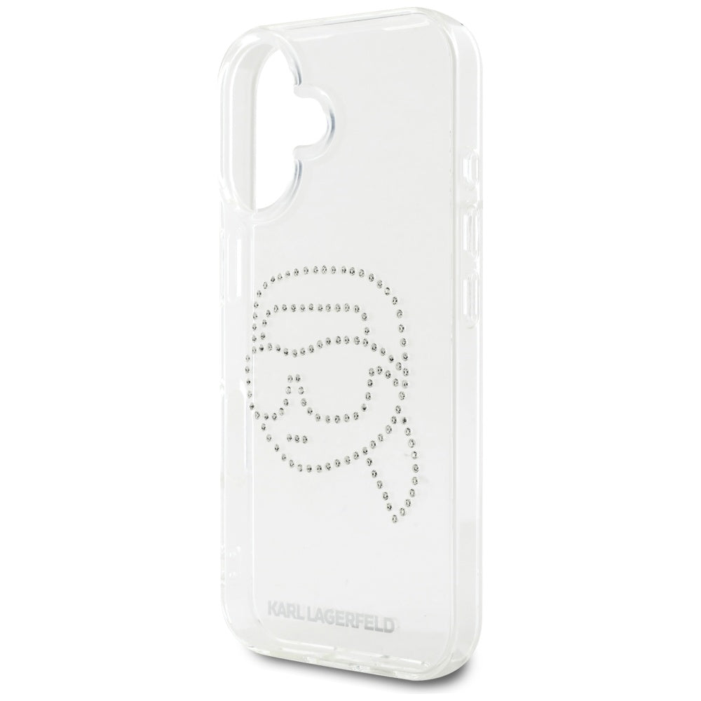 Custodia per Apple iPhone 16, Karl Lagerfeld, IML Rhinestones Karl's Head, Trasparente
