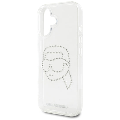 Custodia per Apple iPhone 16, Karl Lagerfeld, IML Rhinestones Karl's Head, Trasparente
