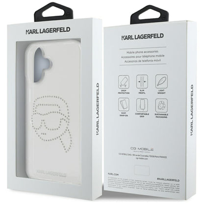 Custodia per Apple iPhone 16, Karl Lagerfeld, IML Rhinestones Karl's Head, Trasparente
