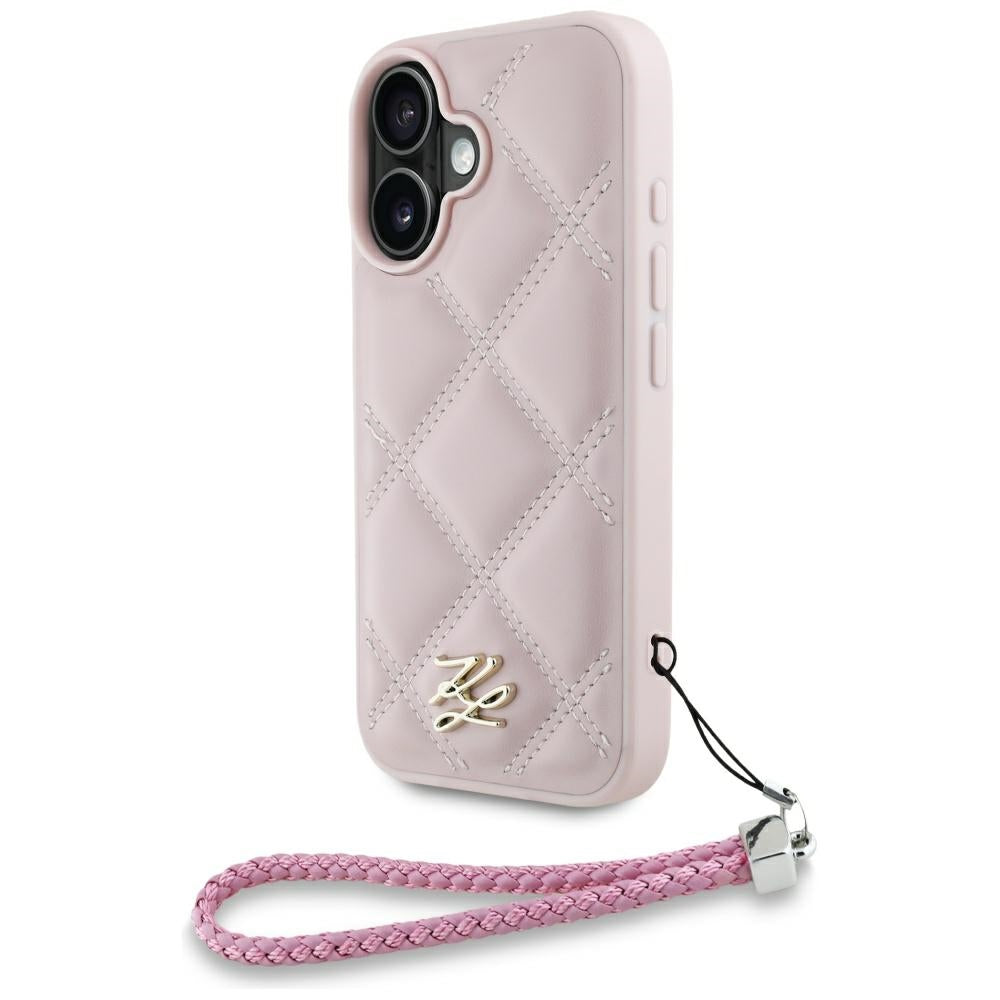 Custodia per Apple iPhone 16, Karl Lagerfeld, Quilted Initial Logo & Chain Strap, Rosa