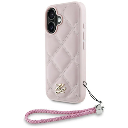 Custodia per Apple iPhone 16, Karl Lagerfeld, Quilted Initial Logo & Chain Strap, Rosa