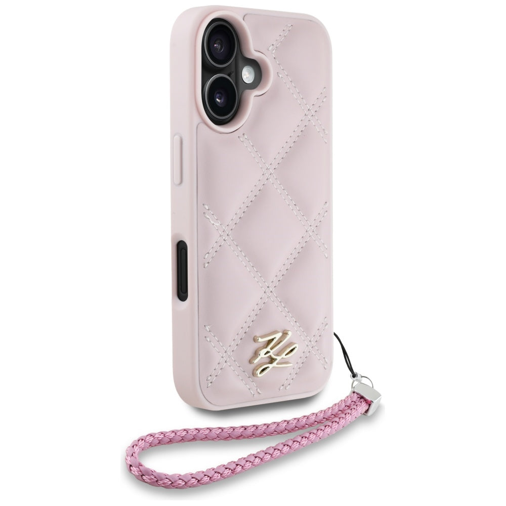 Custodia per Apple iPhone 16, Karl Lagerfeld, Quilted Initial Logo & Chain Strap, Rosa