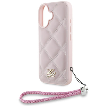 Custodia per Apple iPhone 16, Karl Lagerfeld, Quilted Initial Logo & Chain Strap, Rosa