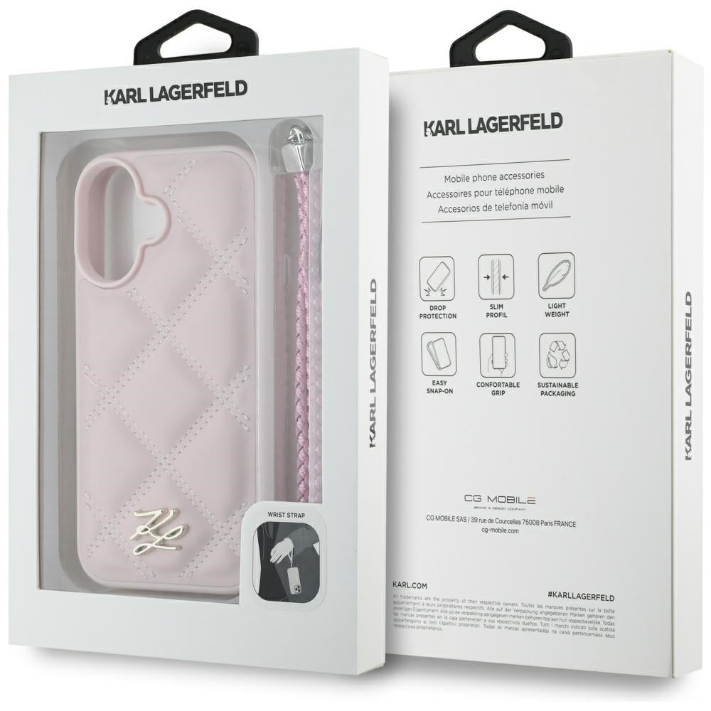 Custodia per Apple iPhone 16, Karl Lagerfeld, Quilted Initial Logo & Chain Strap, Rosa