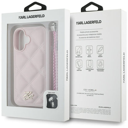 Custodia per Apple iPhone 16, Karl Lagerfeld, Quilted Initial Logo & Chain Strap, Rosa