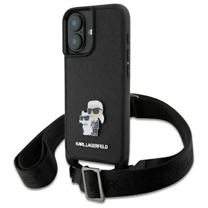 Custodia per Apple iPhone 16, Karl Lagerfeld, Saffiano Crossbody Metal Pin Karl & Choupette, Bianca