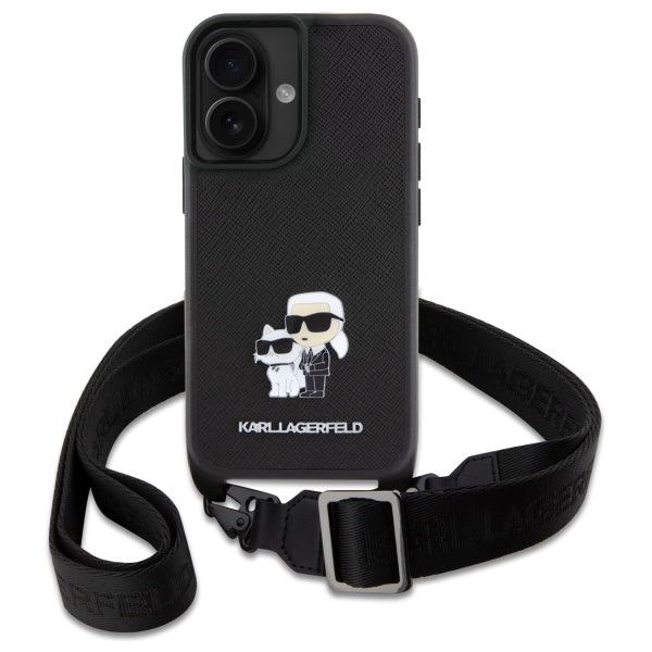 Custodia per Apple iPhone 16, Karl Lagerfeld, Saffiano Crossbody Metal Pin Karl & Choupette, Bianca