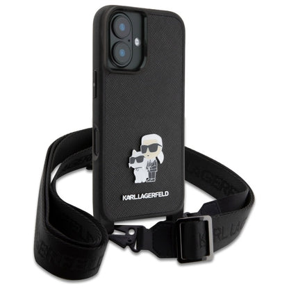 Custodia per Apple iPhone 16, Karl Lagerfeld, Saffiano Crossbody Metal Pin Karl & Choupette, Bianca
