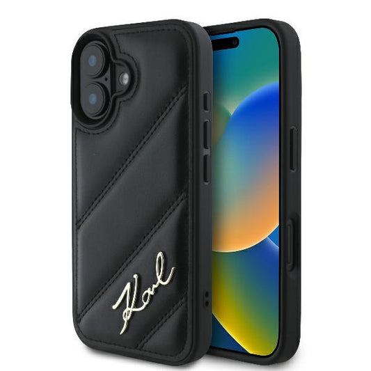 Custodia per Apple iPhone 16 Plus, Karl Lagerfeld, Diagonal Quilted Script, Nera