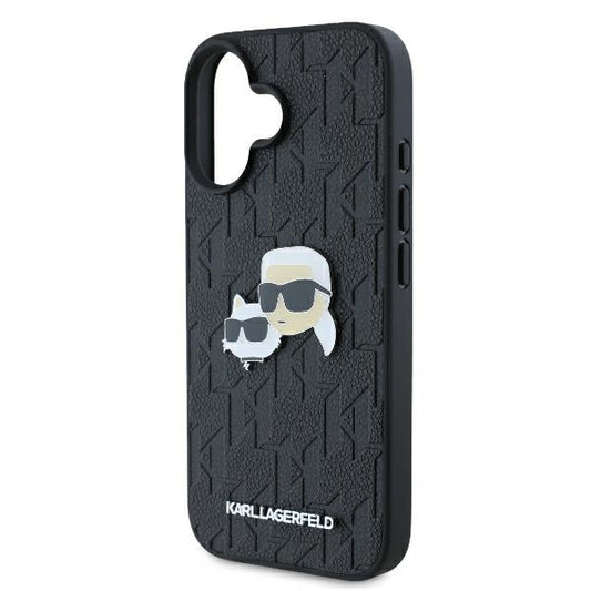 Custodia per Apple iPhone 16 Plus, Karl Lagerfeld, Monogramma Karl & Choupette's Heads, Nera