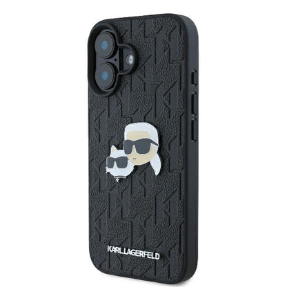 Custodia per Apple iPhone 16 Plus, Karl Lagerfeld, Monogramma Karl & Choupette's Heads, Nera