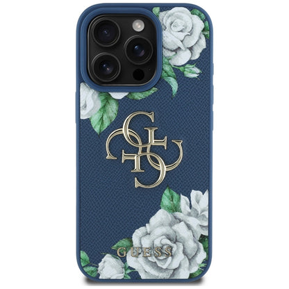 Custodia per Apple iPhone 16 Pro, Guess, 4G Grained Roses Big Logo, Blu
