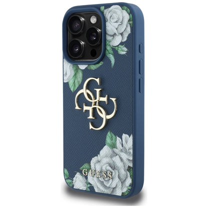 Custodia per Apple iPhone 16 Pro, Guess, 4G Grained Roses Big Logo, Blu