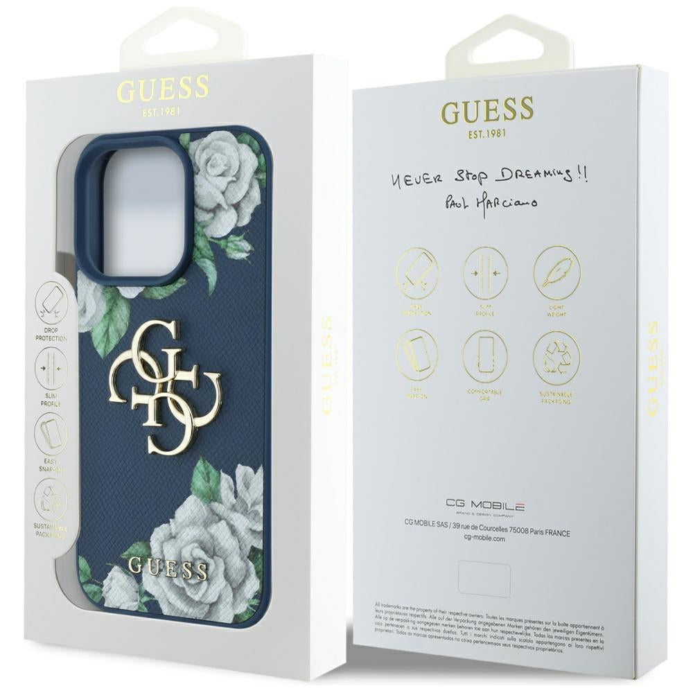 Custodia per Apple iPhone 16 Pro, Guess, 4G Grained Roses Big Logo, Blu