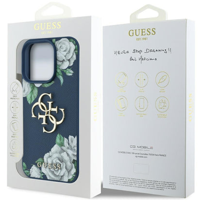 Custodia per Apple iPhone 16 Pro, Guess, 4G Grained Roses Big Logo, Blu