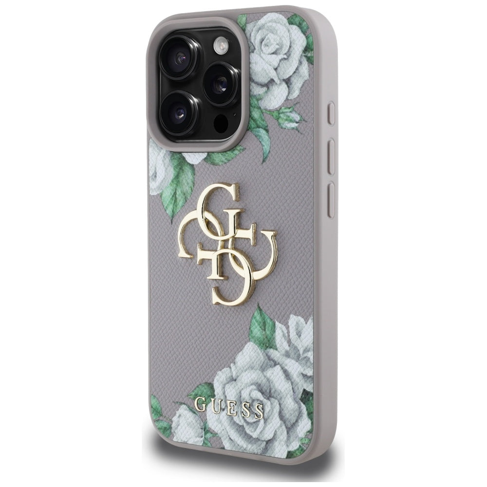 Custodia per Apple iPhone 16 Pro, Guess, 4G Grained Roses Big Logo, Viola