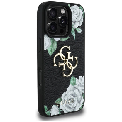 Custodia per Apple iPhone 16 Pro, Guess, 4G Grained Roses Big Logo, Nera