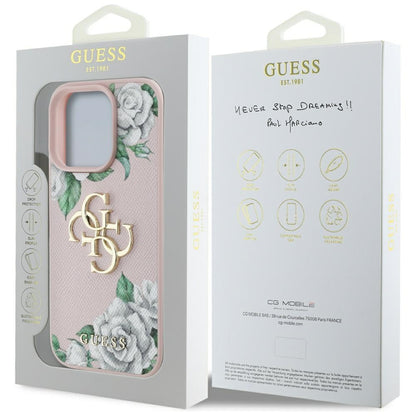 Custodia per Apple iPhone 16 Pro, Guess, 4G Grained Roses Big Logo, Rosa
