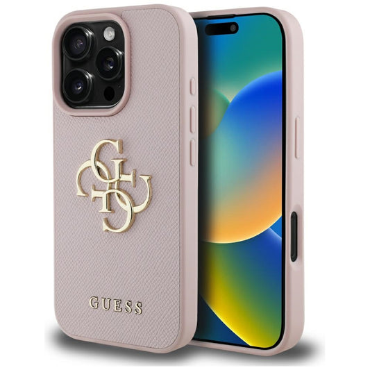 Custodia per Apple iPhone 16 Pro, Guess, Grained Big 4G Logo Small Classic Logo, Rosa