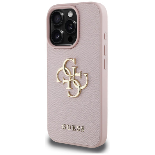 Custodia per Apple iPhone 16 Pro, Guess, Grained Big 4G Logo Small Classic Logo, Rosa