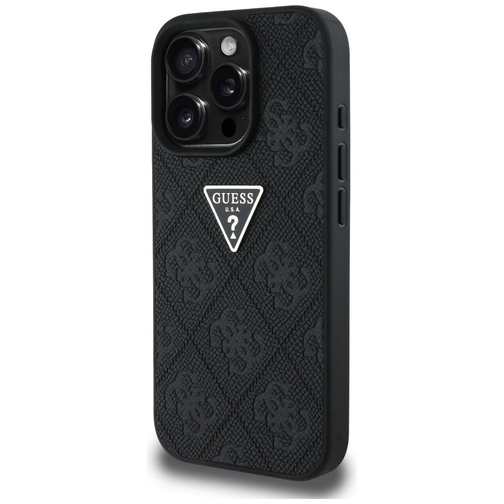 Custodia per Apple iPhone 16 Pro, Guess, Hot Stamp 4G Pattern Triangle Logo, Nera