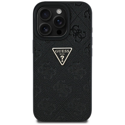 Custodia per Apple iPhone 16 Pro, Guess, Hot Stamp 4G Pattern Triangle Logo, Nera